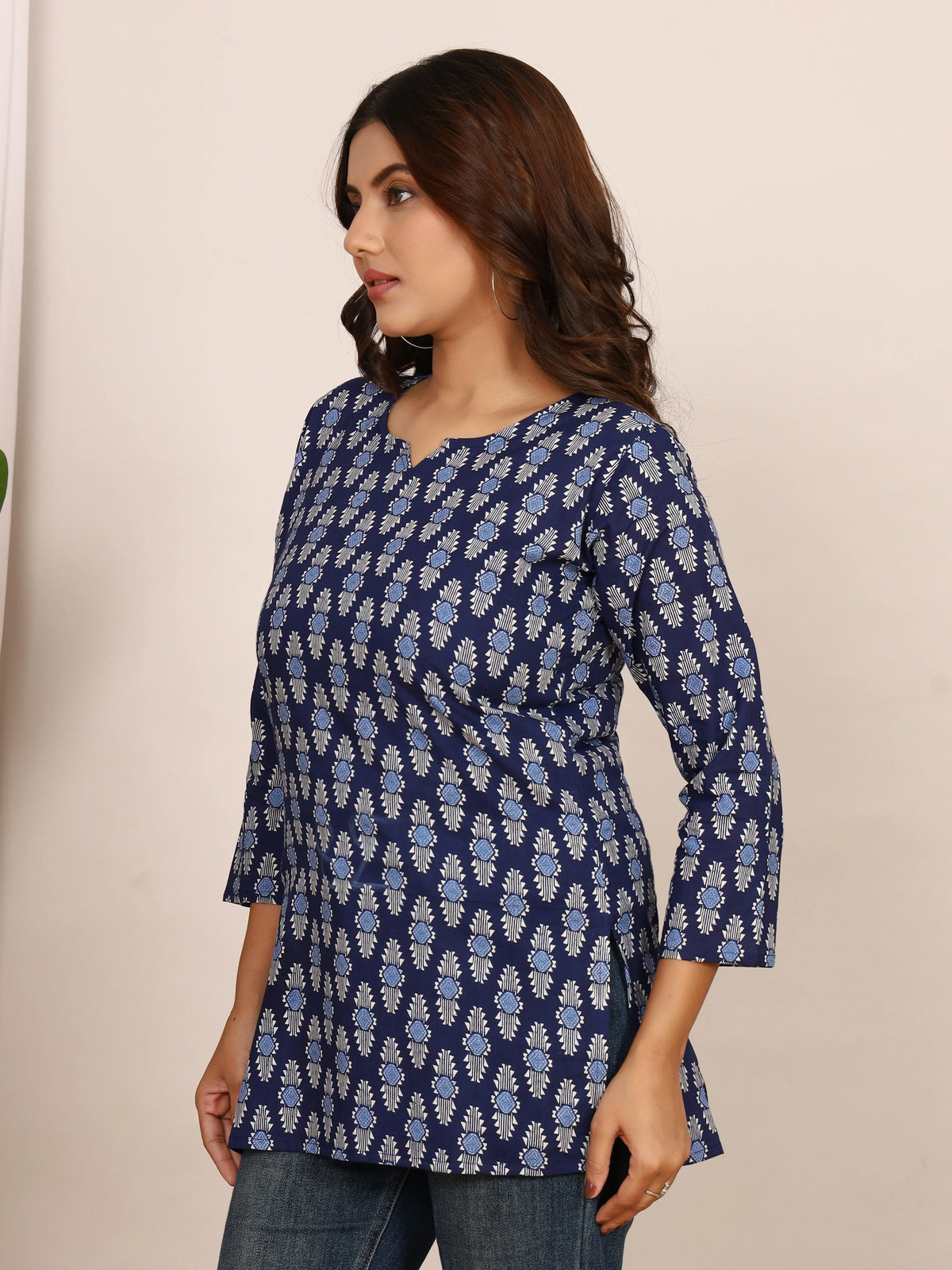 Indigo & White Geometric Block Print Pure Cotton Top