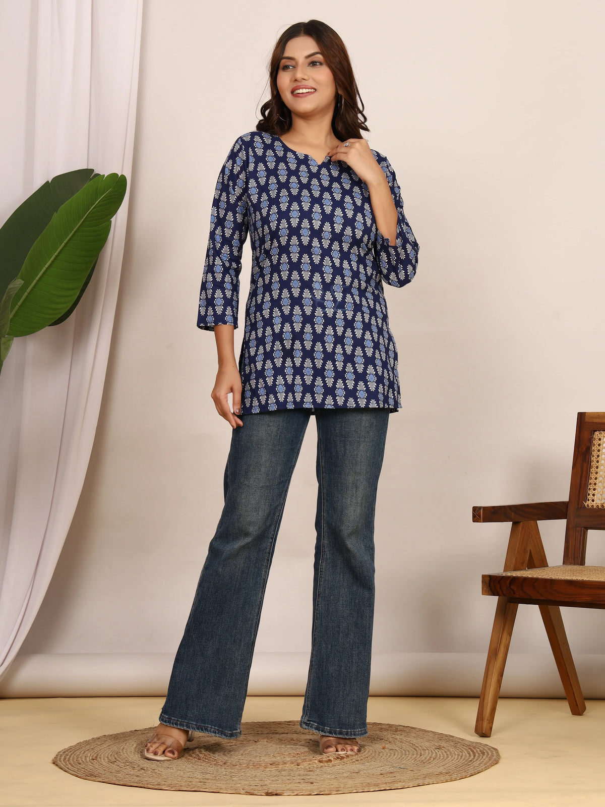 Indigo & White Geometric Block Print Pure Cotton Top