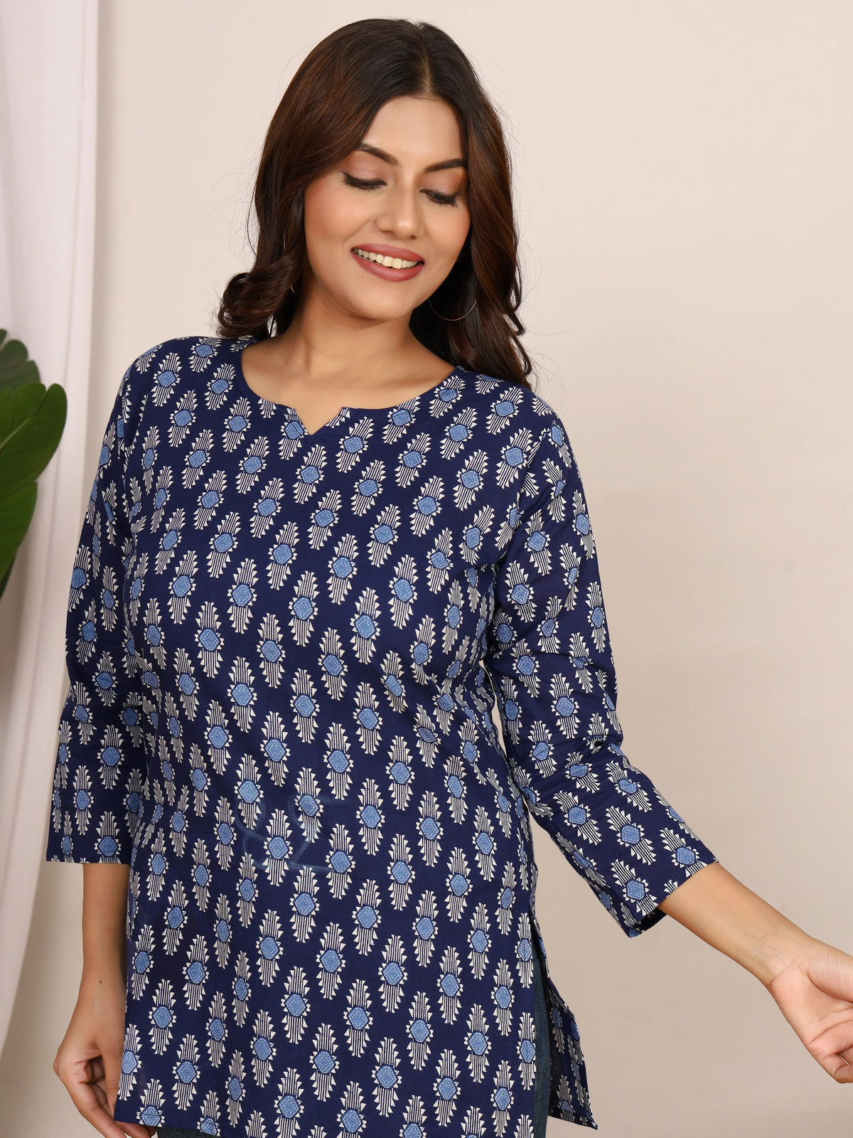 Indigo & White Geometric Block Print Pure Cotton Top