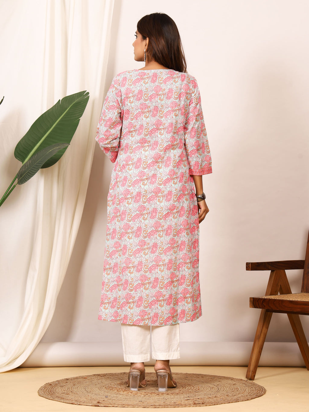 Sanganeri Soft Pink Floral Pure Cotton Kurti