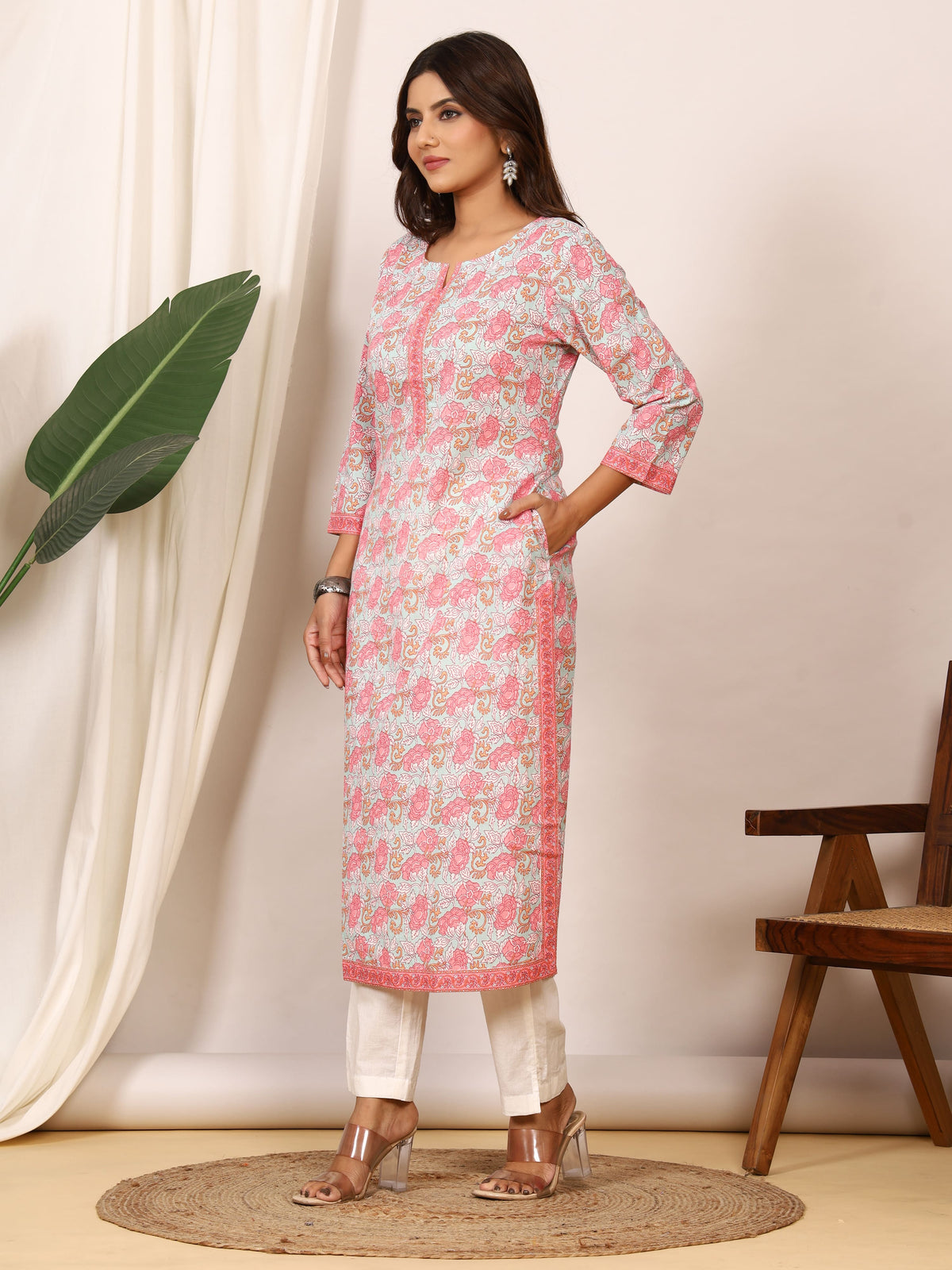 Sanganeri Soft Pink Floral Pure Cotton Kurti