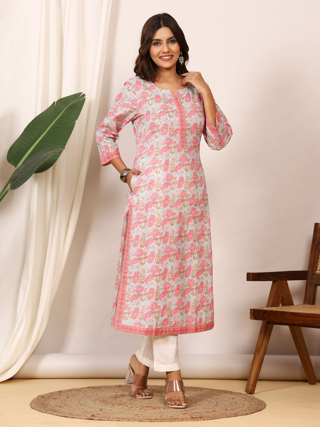 Sanganeri Soft Pink Floral Pure Cotton Kurti