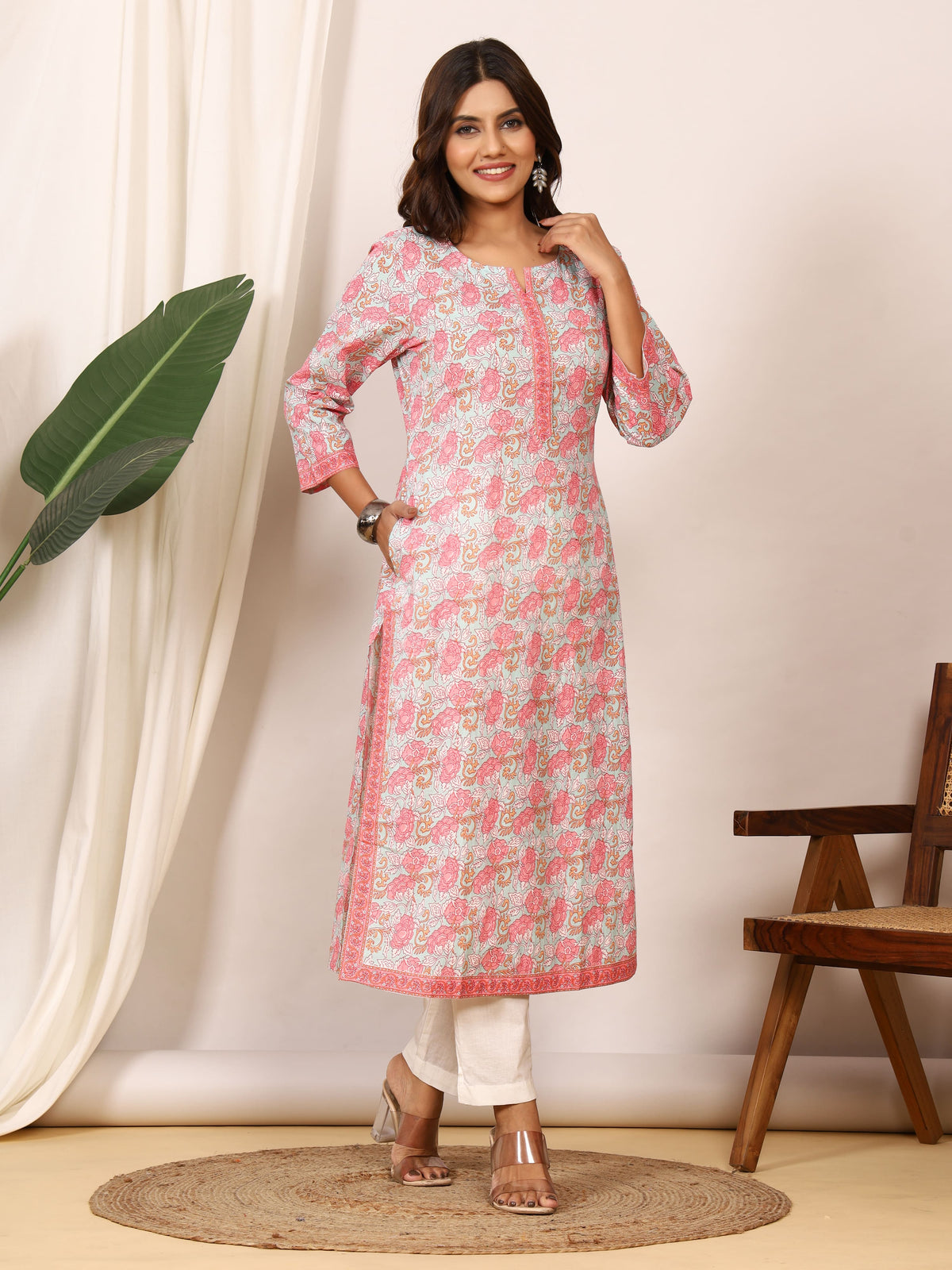 Sanganeri Soft Pink Floral Pure Cotton Kurti