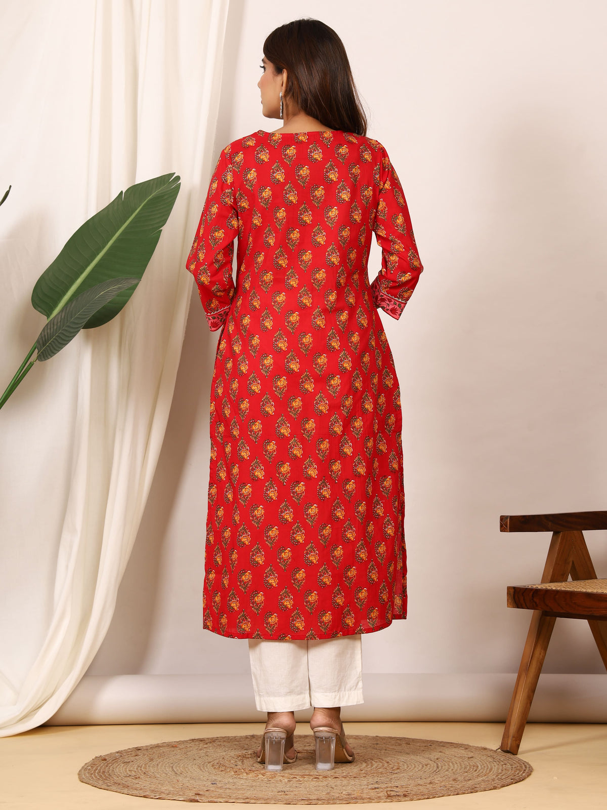 Sanganeri Vibrant Red Floral Pure Cotton Kurti