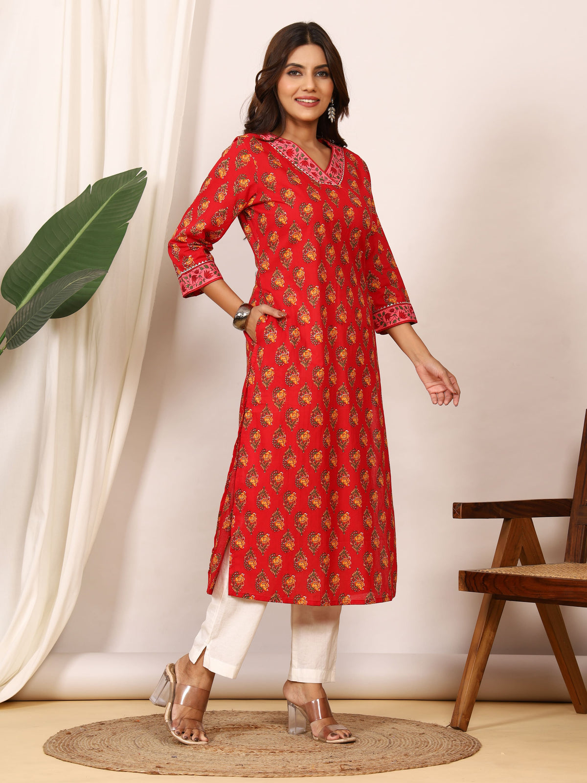 Sanganeri Vibrant Red Floral Pure Cotton Kurti