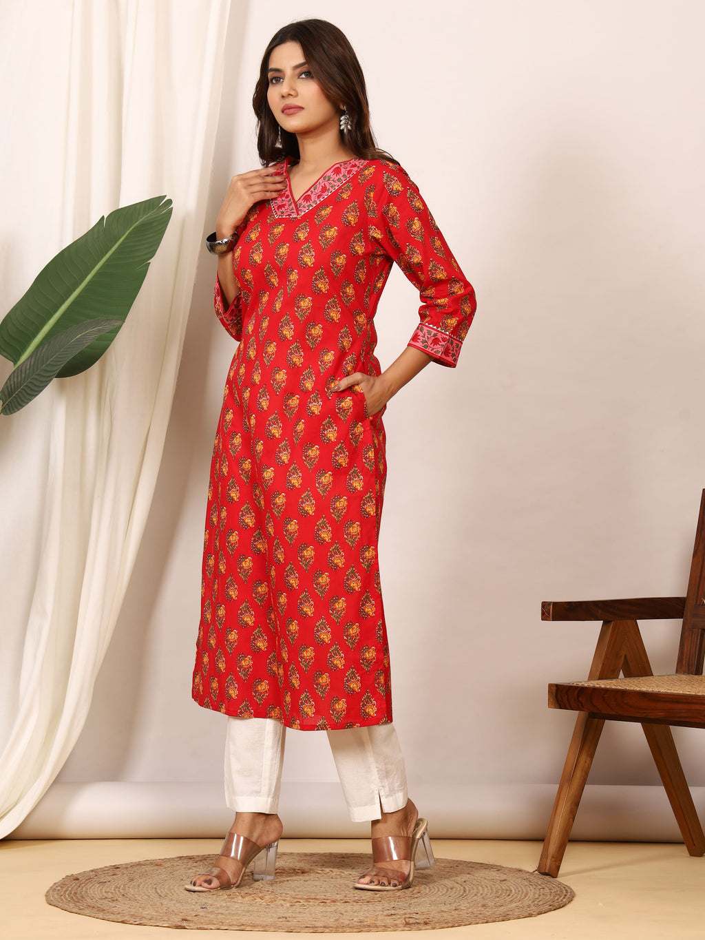 Sanganeri Vibrant Red Floral Pure Cotton Kurti