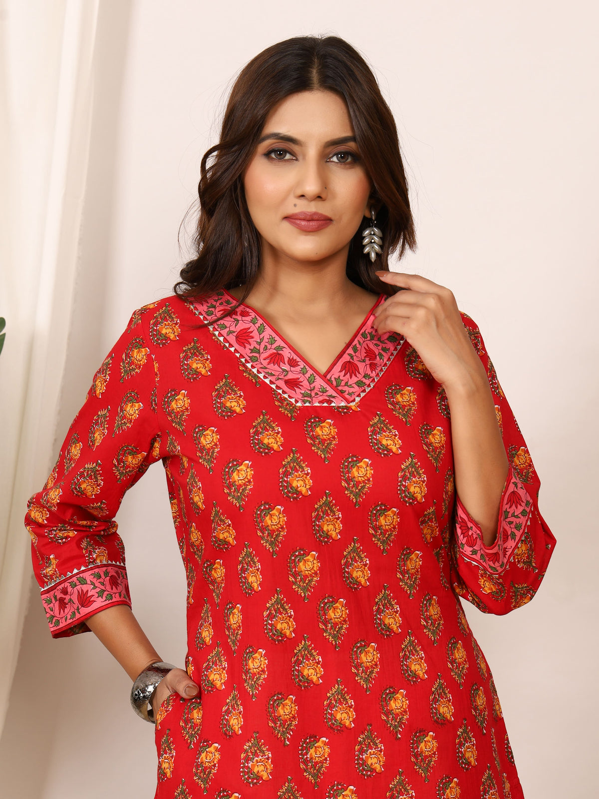 Sanganeri Vibrant Red Floral Pure Cotton Kurti