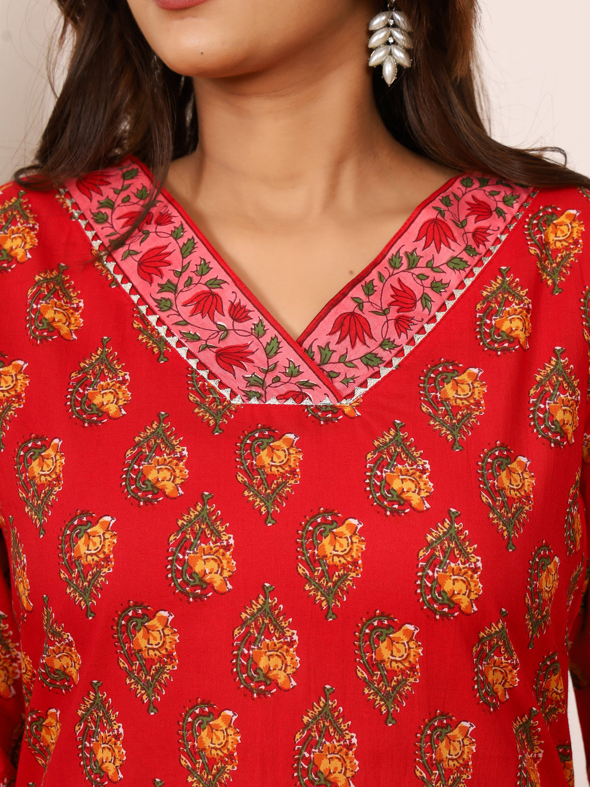 Sanganeri Vibrant Red Floral Pure Cotton Kurti