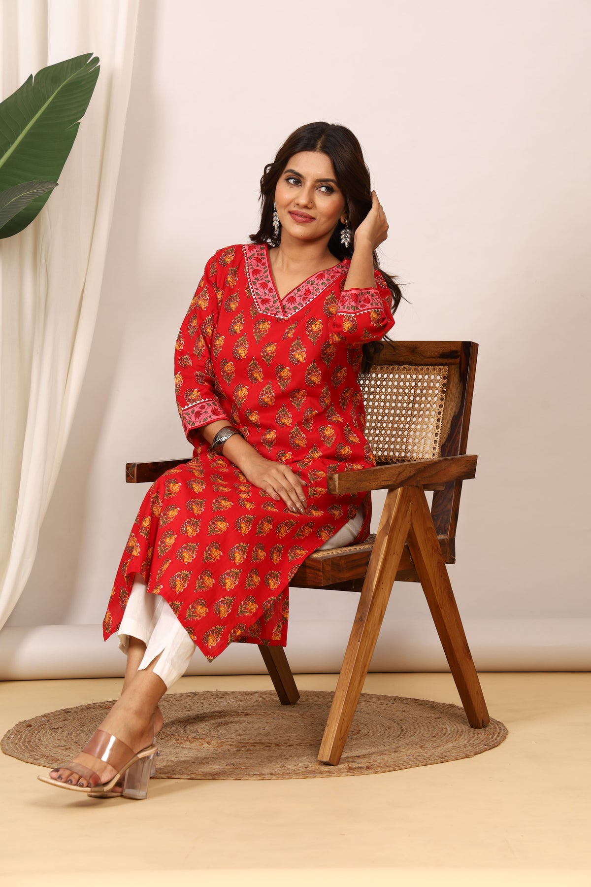 Sanganeri Vibrant Red Floral Pure Cotton Kurti