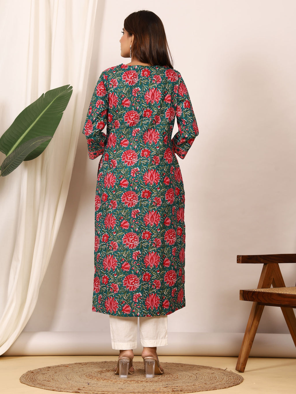 Sanganeri Teal Green Floral Pure Cotton Kurti