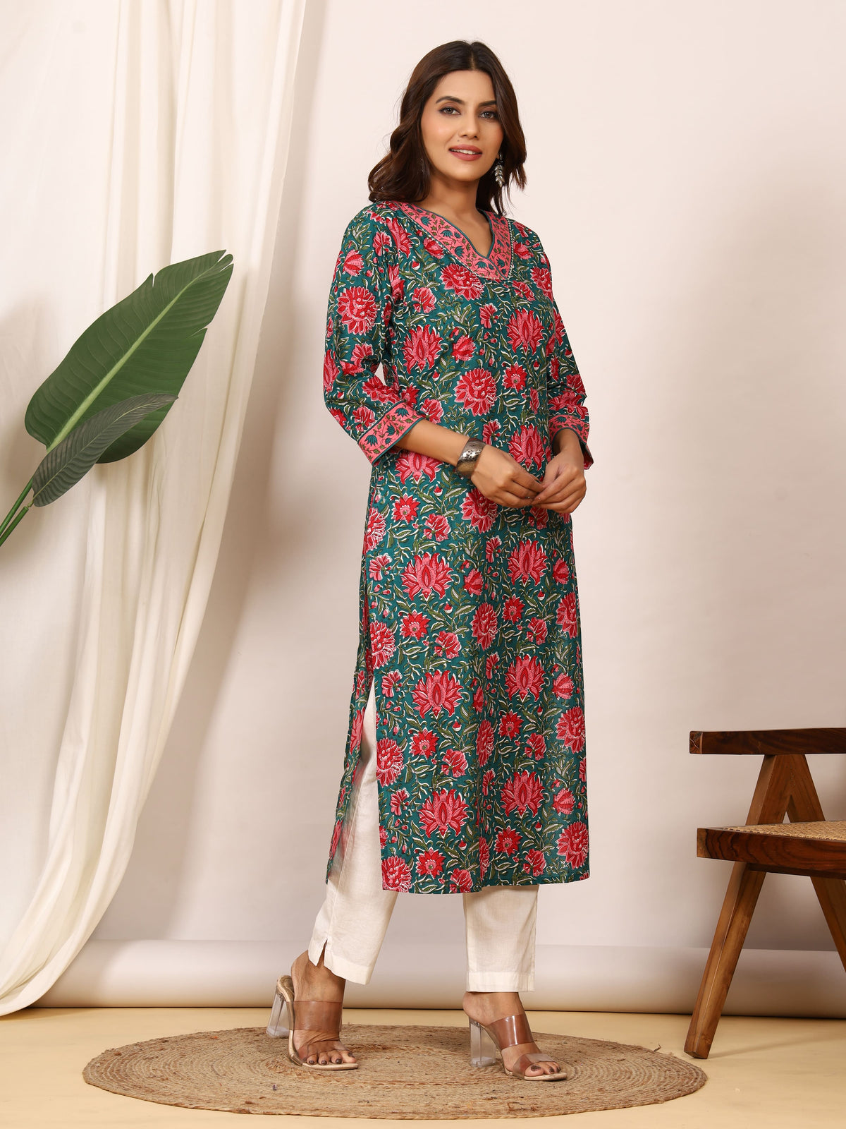 Sanganeri Teal Green Floral Pure Cotton Kurti