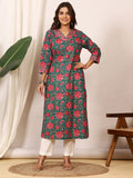 Sanganeri Teal Green Floral Pure Cotton Kurti