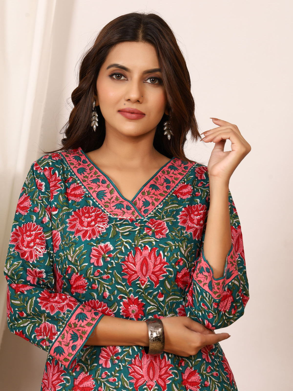 Sanganeri Teal Green Floral Pure Cotton Kurti