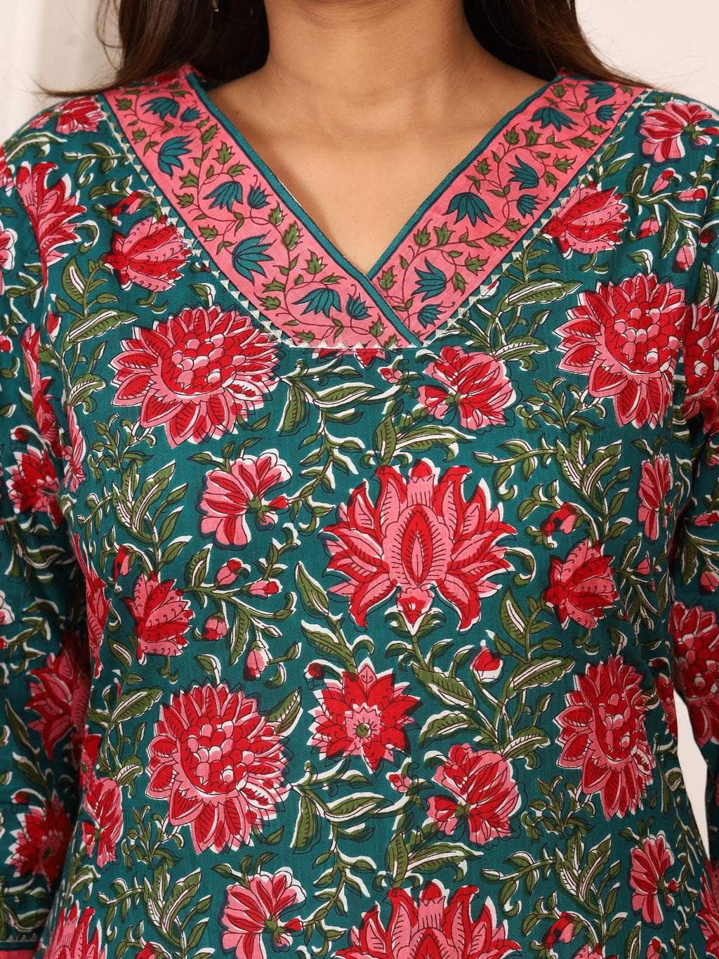 Sanganeri Teal Green Floral Pure Cotton Kurti