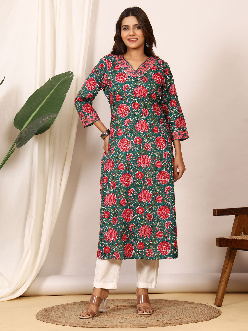 Sanganeri Teal Green Floral Pure Cotton Kurti