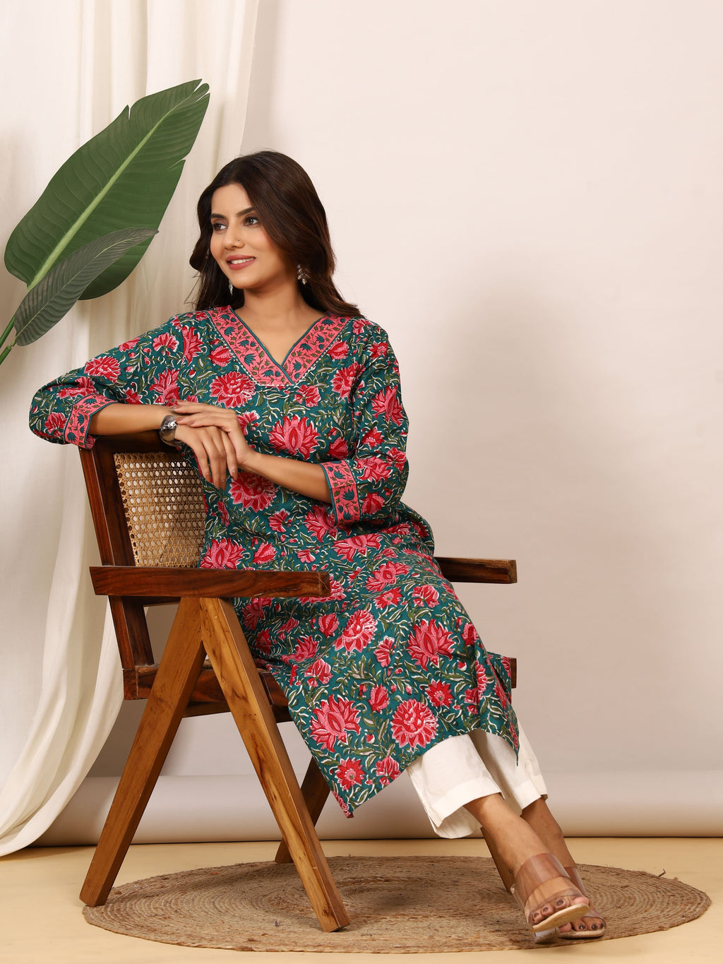 Sanganeri Teal Green Floral Pure Cotton Kurti