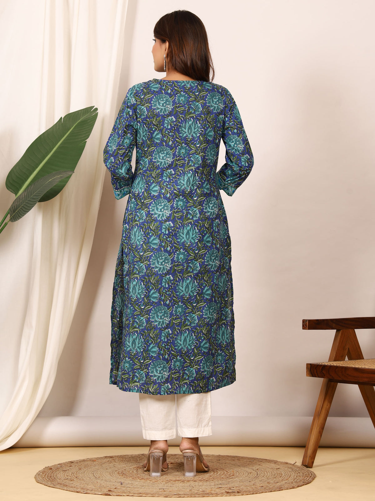 Sanganeri Indigo Blue Floral Pure Cotton Kurti