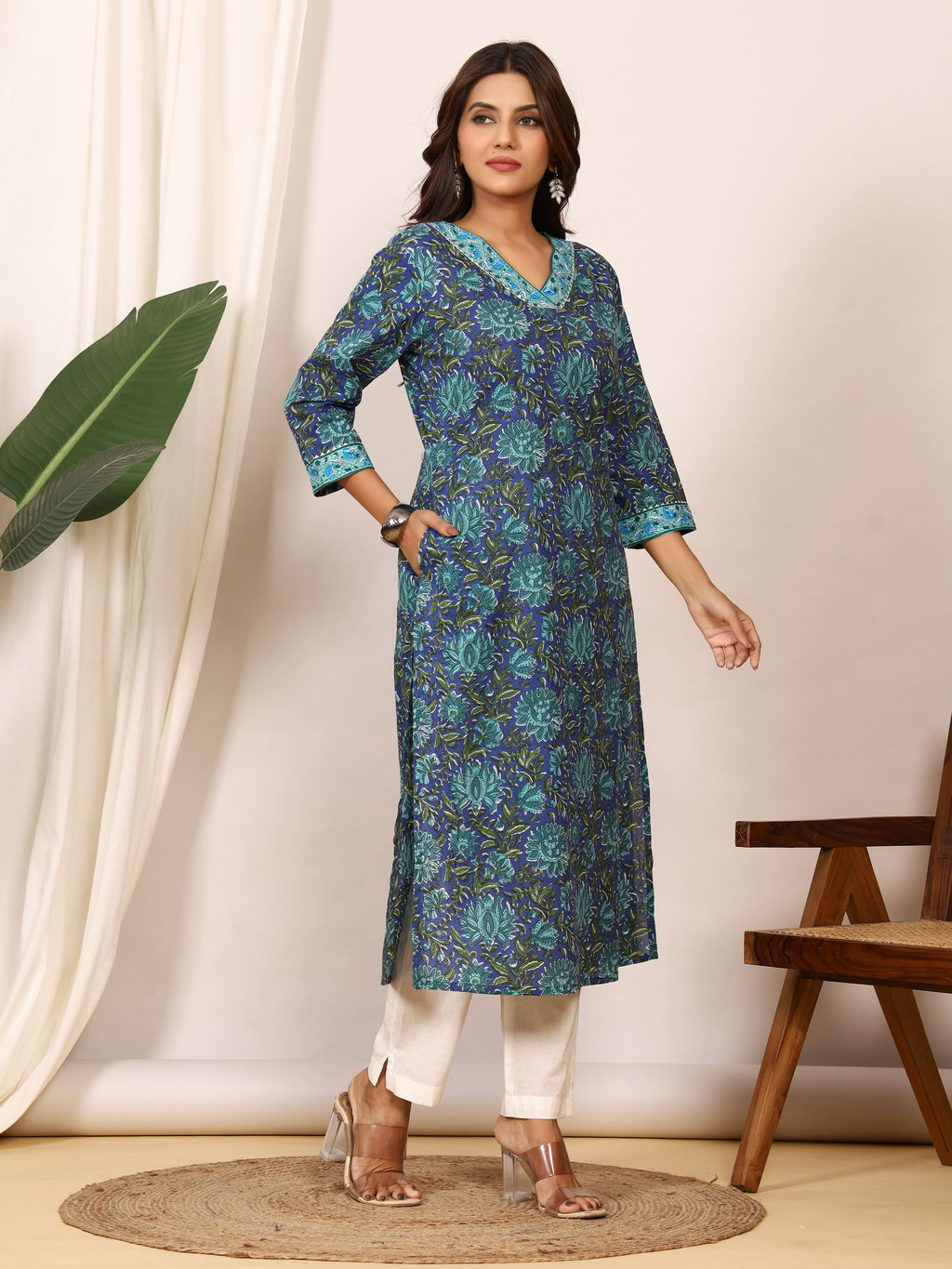 Sanganeri Indigo Blue Floral Pure Cotton Kurti