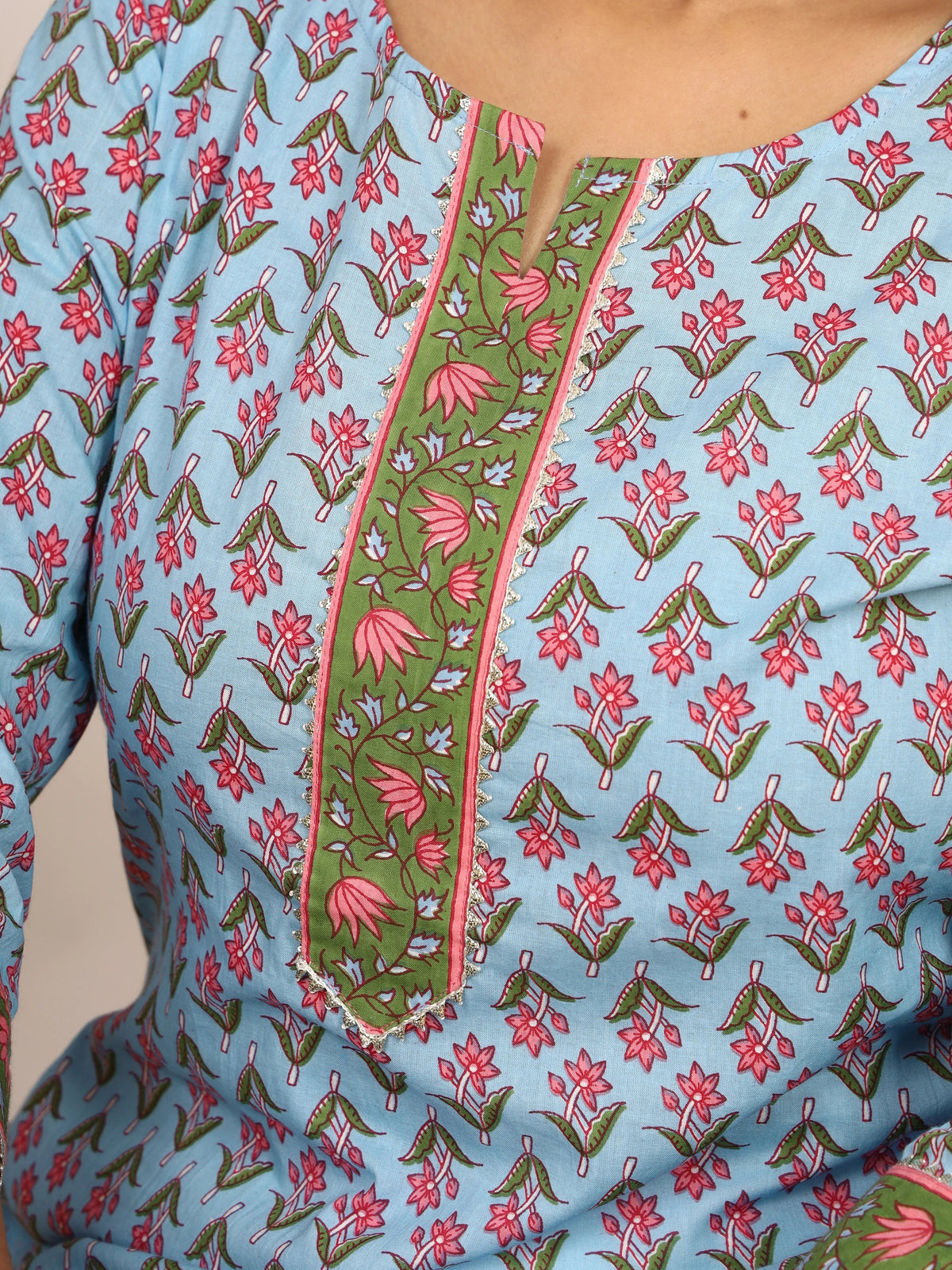 Sanganeri Pink Floral Print Light Blue Cotton Kurti