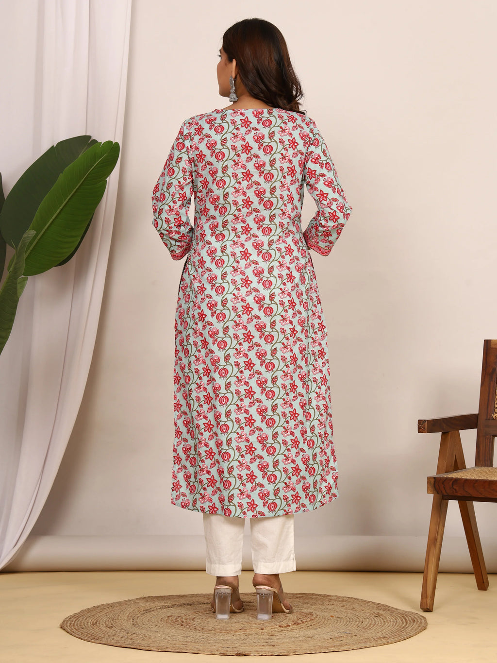 Sanganeri Pink Floral Print Light Blue Cotton Kurti
