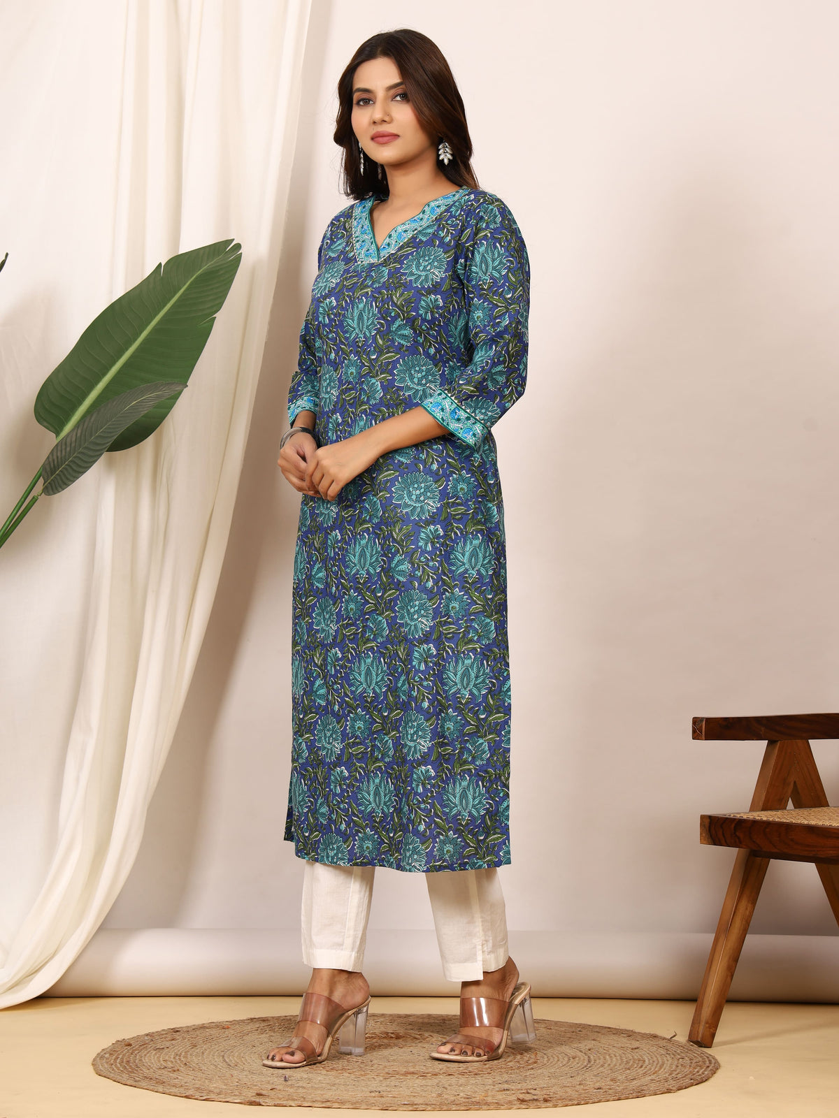 Sanganeri Indigo Blue Floral Pure Cotton Kurti