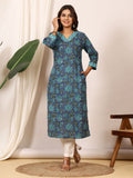 Sanganeri Indigo Blue Floral Pure Cotton Kurti