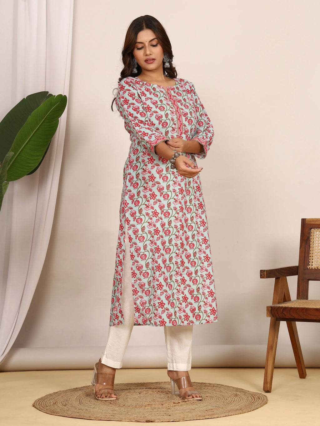 Sanganeri Pink Floral Print Light Blue Cotton Kurti