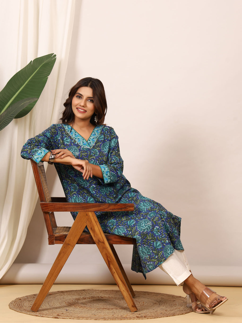 Sanganeri Indigo Blue Floral Pure Cotton Kurti