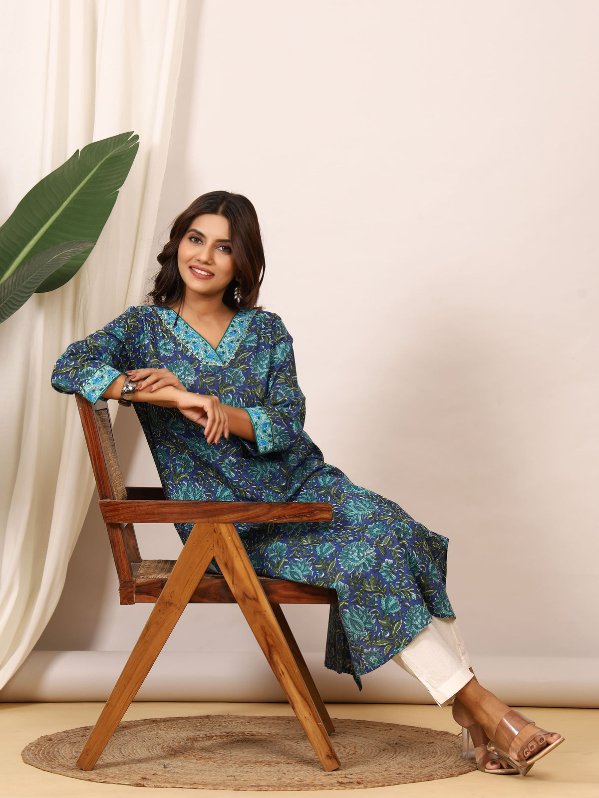 Sanganeri Indigo Blue Floral Pure Cotton Kurti
