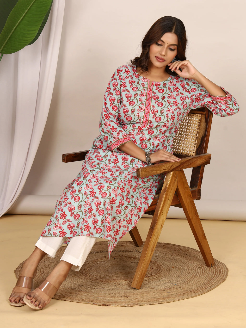 Sanganeri Pink Floral Print Light Blue Cotton Kurti