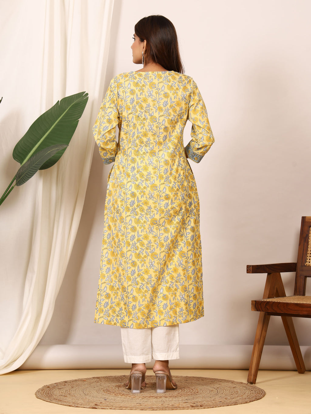 Sanganeri Sunshine Yellow Floral Pure Cotton Kurti