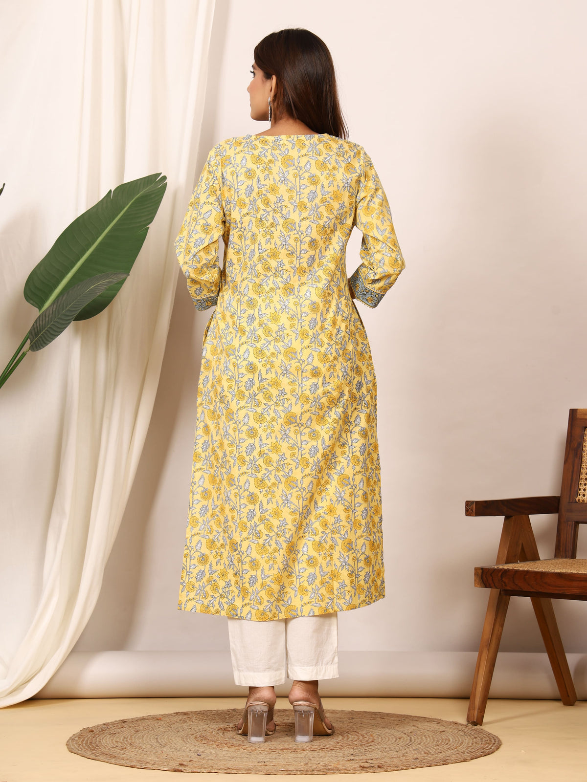 Sanganeri Sunshine Yellow Floral Pure Cotton Kurti
