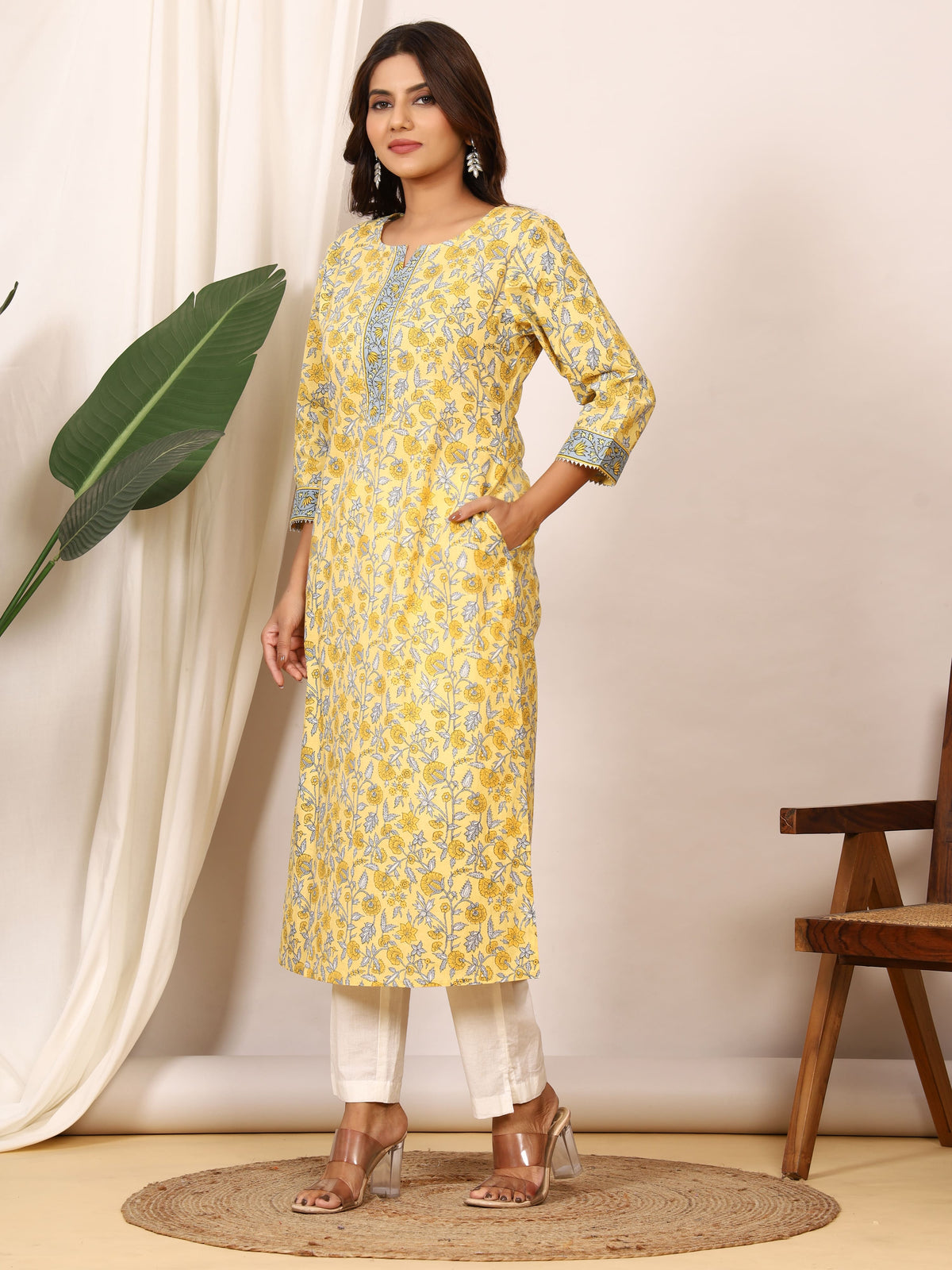 Sanganeri Sunshine Yellow Floral Pure Cotton Kurti