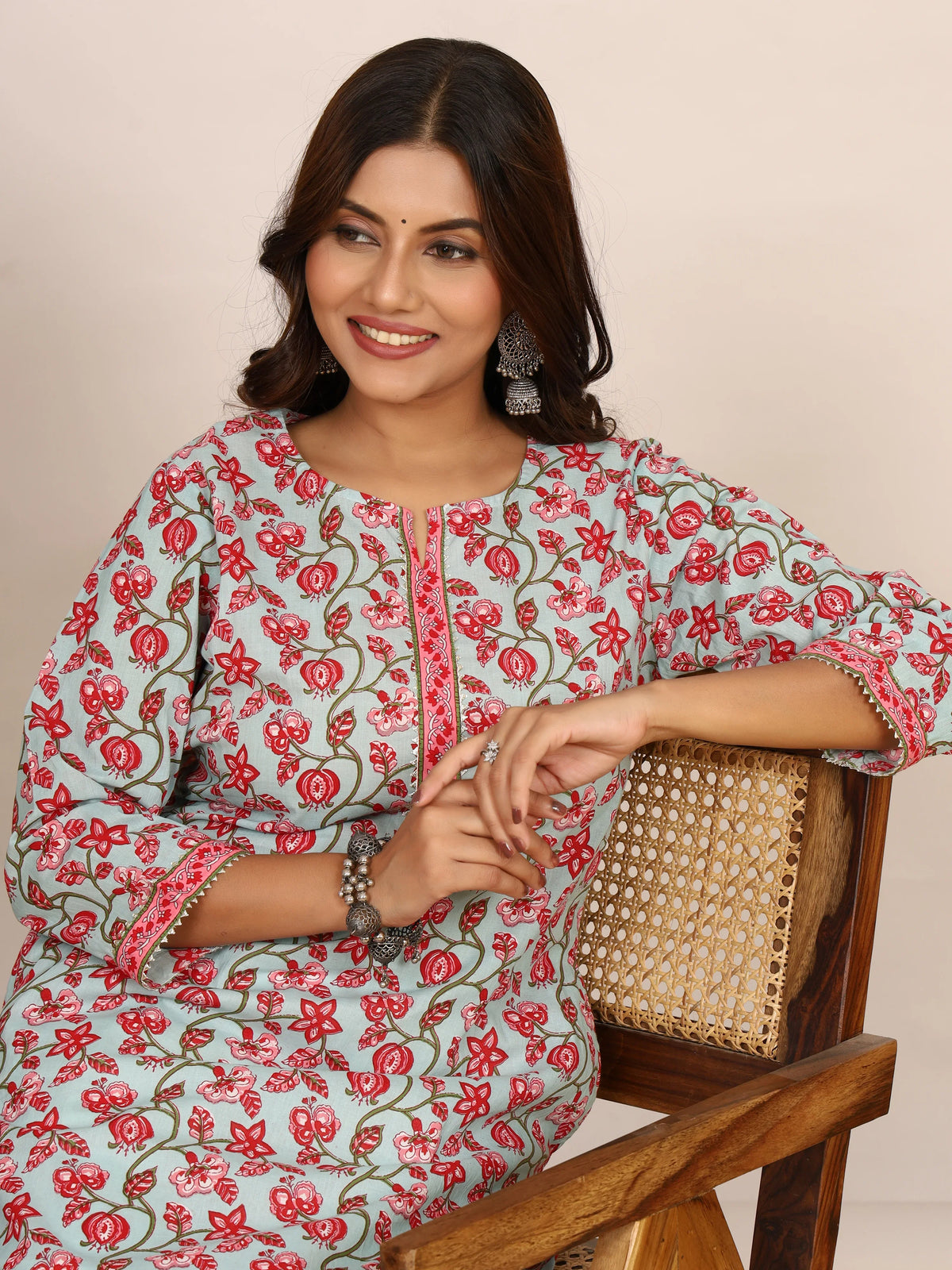 Sanganeri Pink Floral Print Light Blue Cotton Kurti