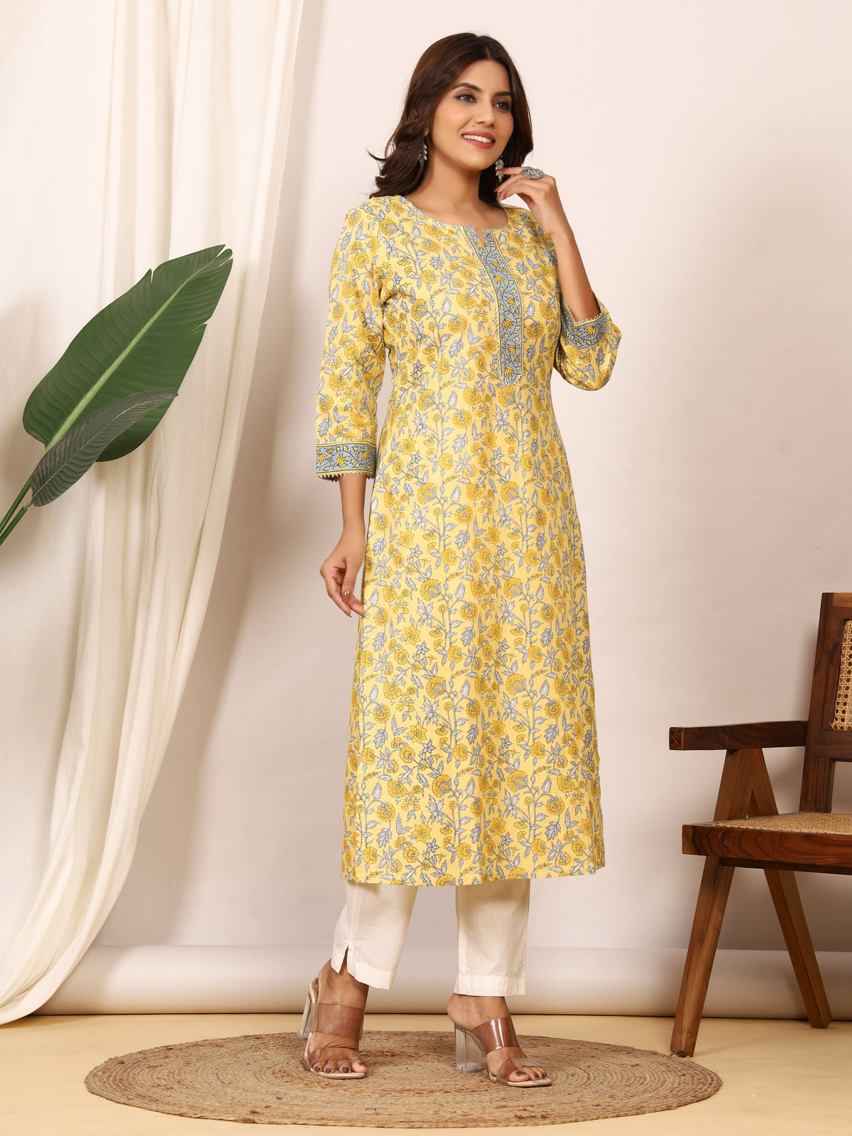 Sanganeri Sunshine Yellow Floral Pure Cotton Kurti