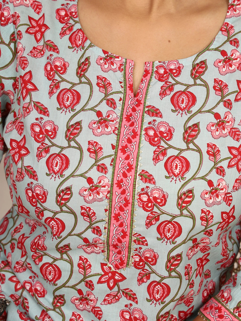 Sanganeri Pink Floral Print Light Blue Cotton Kurti