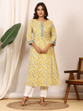 Sanganeri Sunshine Yellow Floral Pure Cotton Kurti