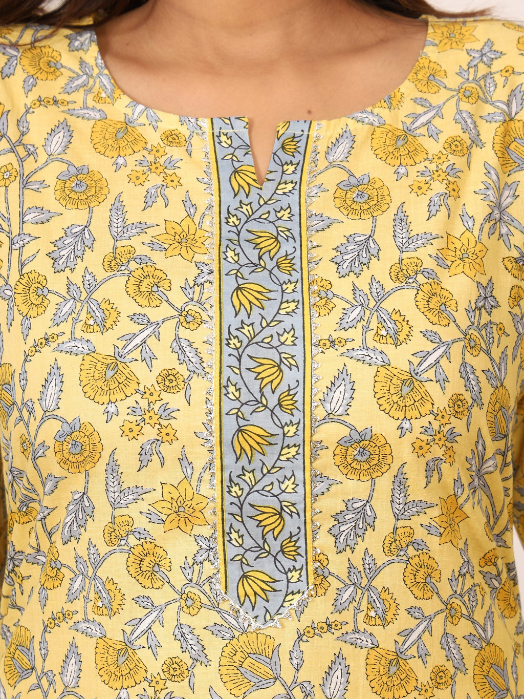Sanganeri Sunshine Yellow Floral Pure Cotton Kurti