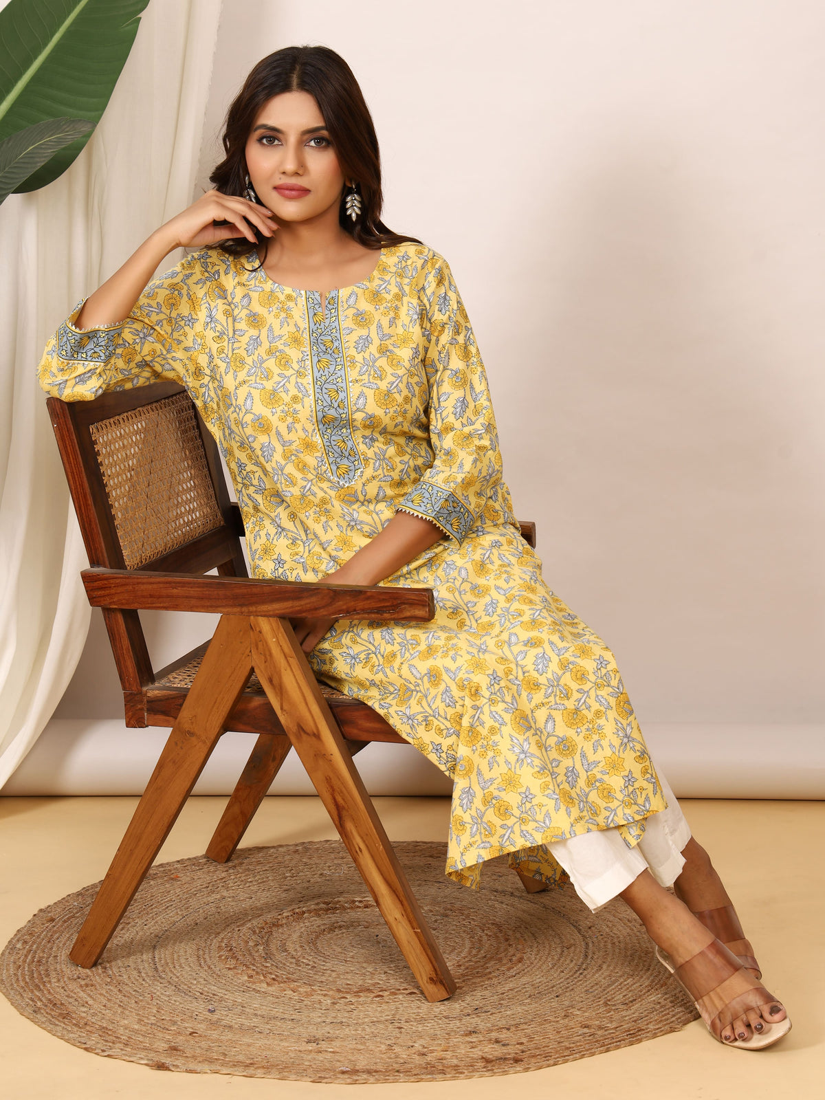 Sanganeri Sunshine Yellow Floral Pure Cotton Kurti