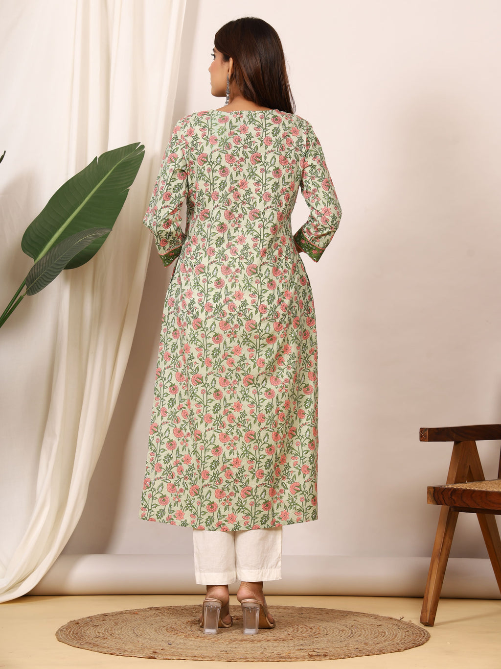 Sanganeri Sage Green Floral Pure Cotton Kurti