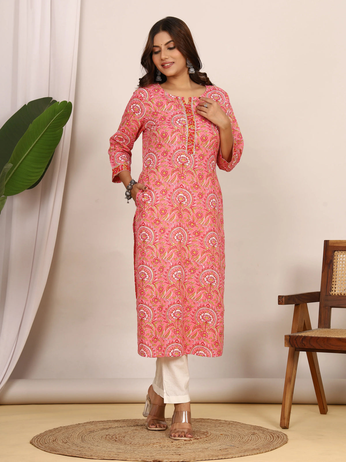 Sanganeri Vibrant Pink Floral Cotton Kurti