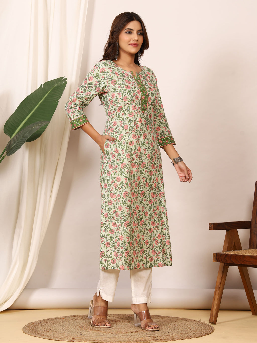 Sanganeri Sage Green Floral Pure Cotton Kurti