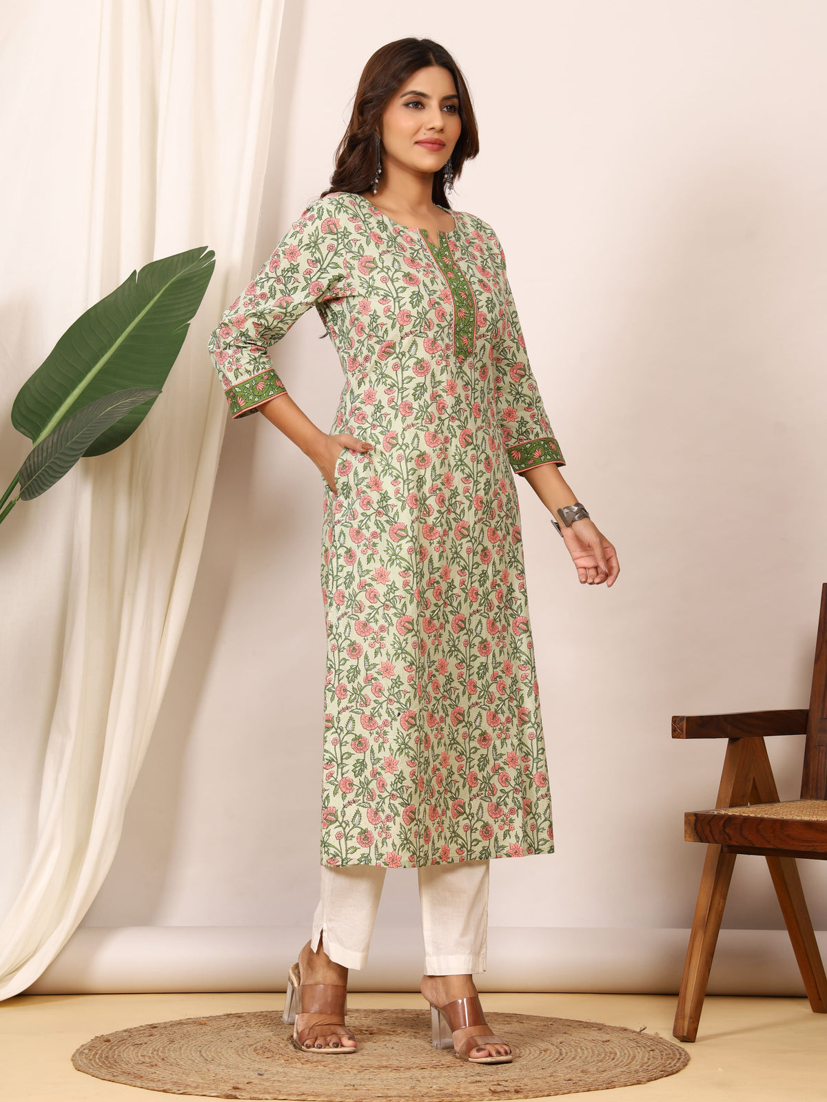 Sanganeri Sage Green Floral Pure Cotton Kurti
