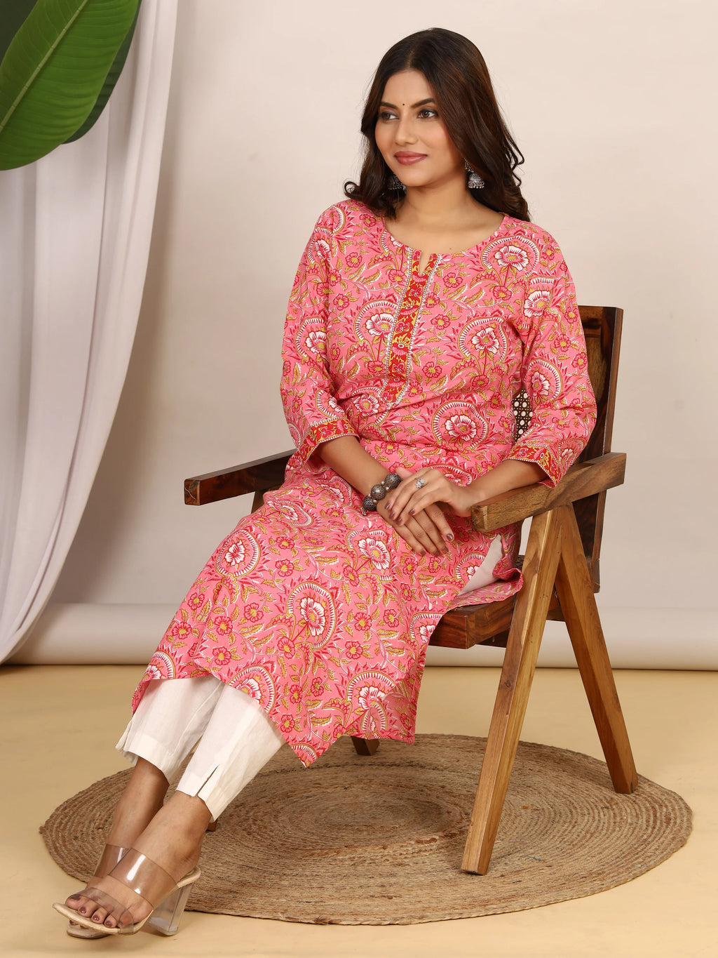 Sanganeri Vibrant Pink Floral Cotton Kurti