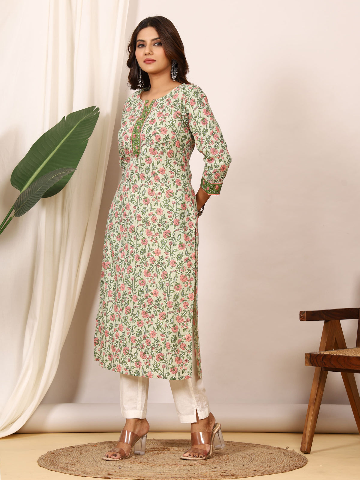 Sanganeri Sage Green Floral Pure Cotton Kurti