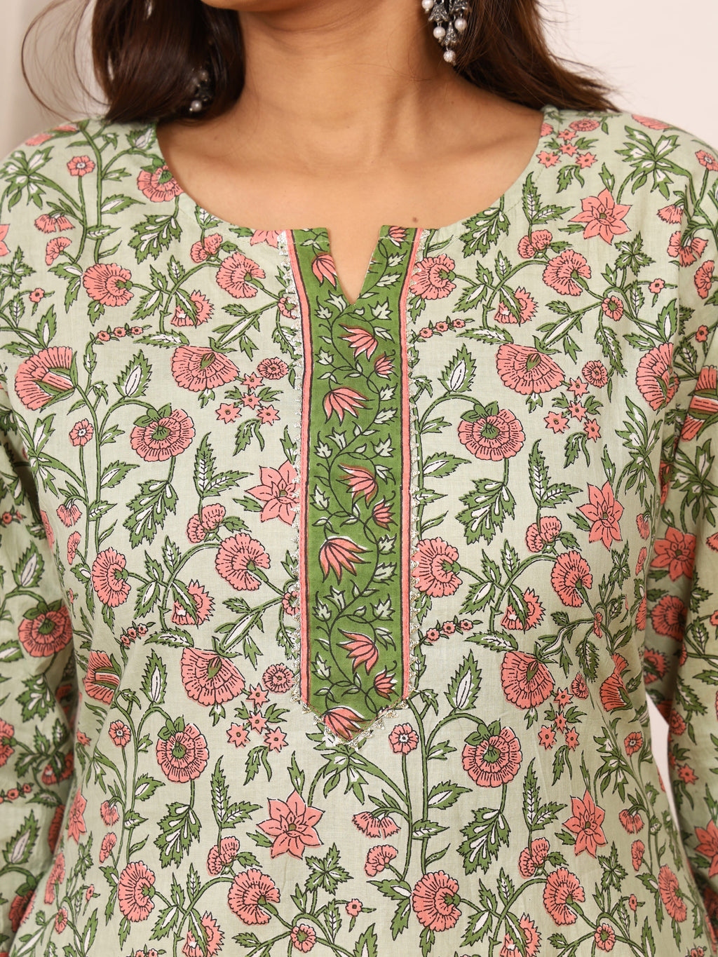 Sanganeri Sage Green Floral Pure Cotton Kurti