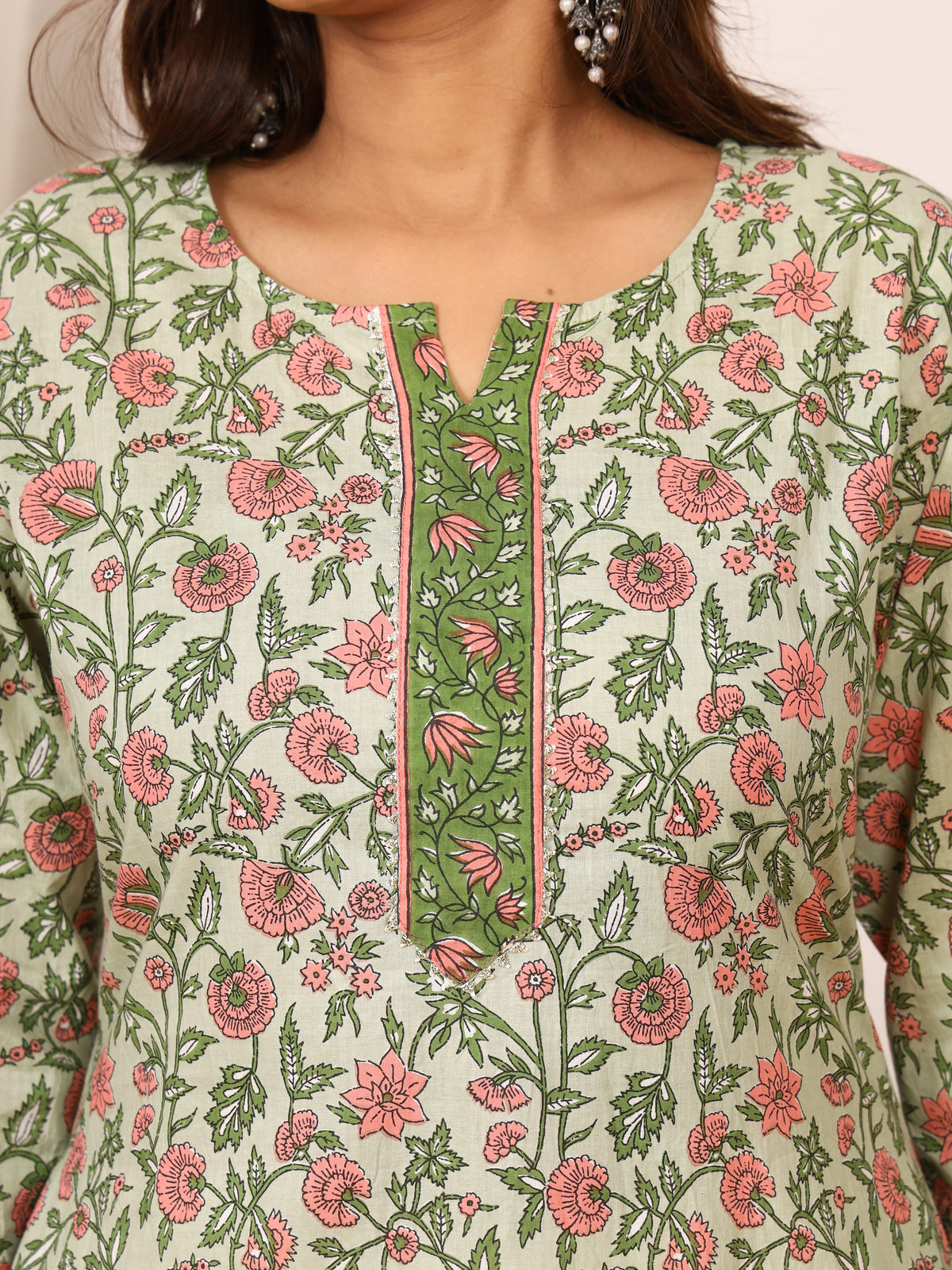 Sanganeri Sage Green Floral Pure Cotton Kurti