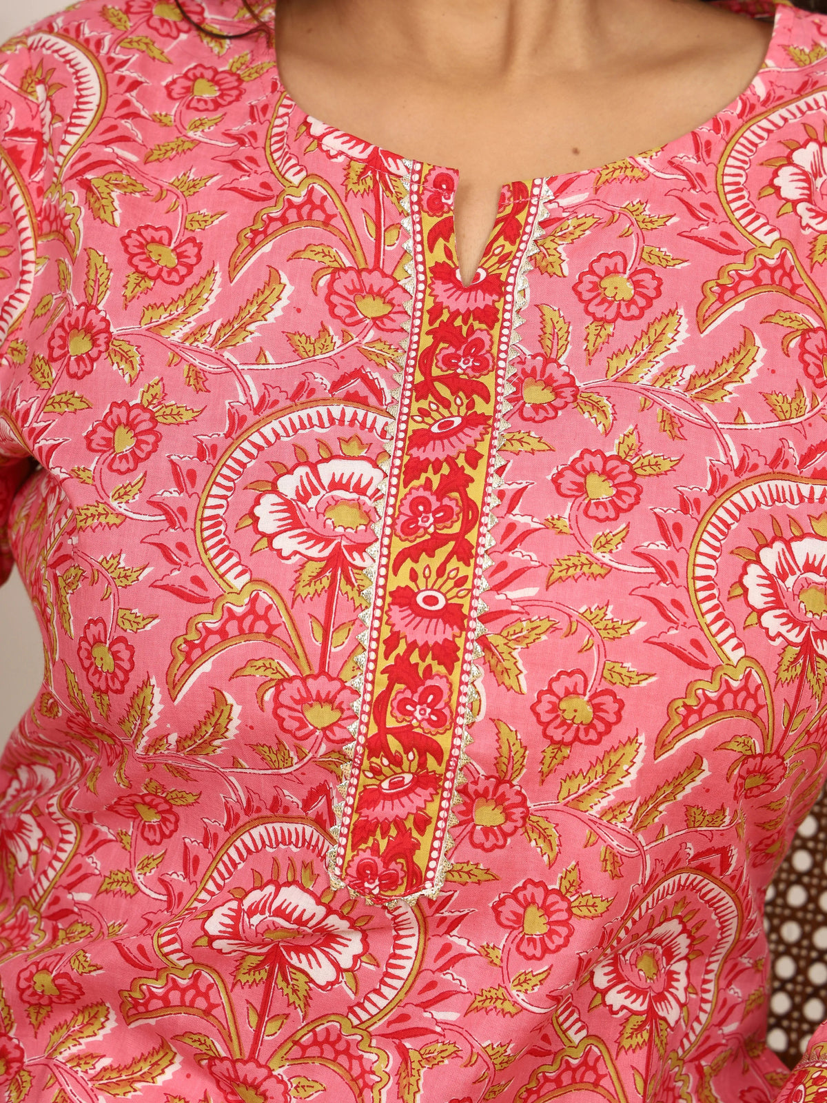 Sanganeri Vibrant Pink Floral Cotton Kurti