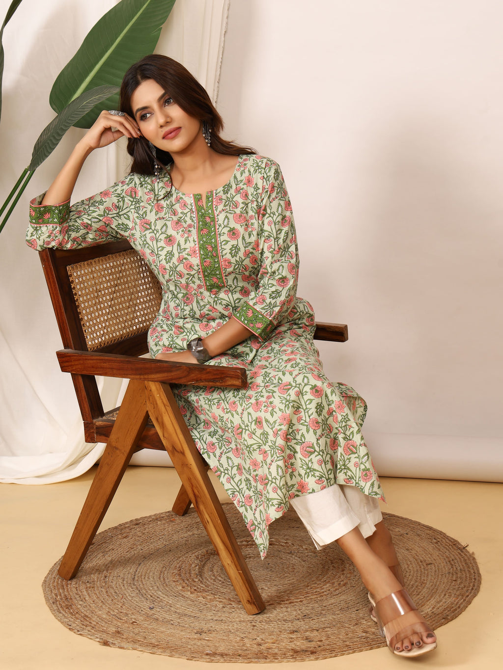 Sanganeri Sage Green Floral Pure Cotton Kurti