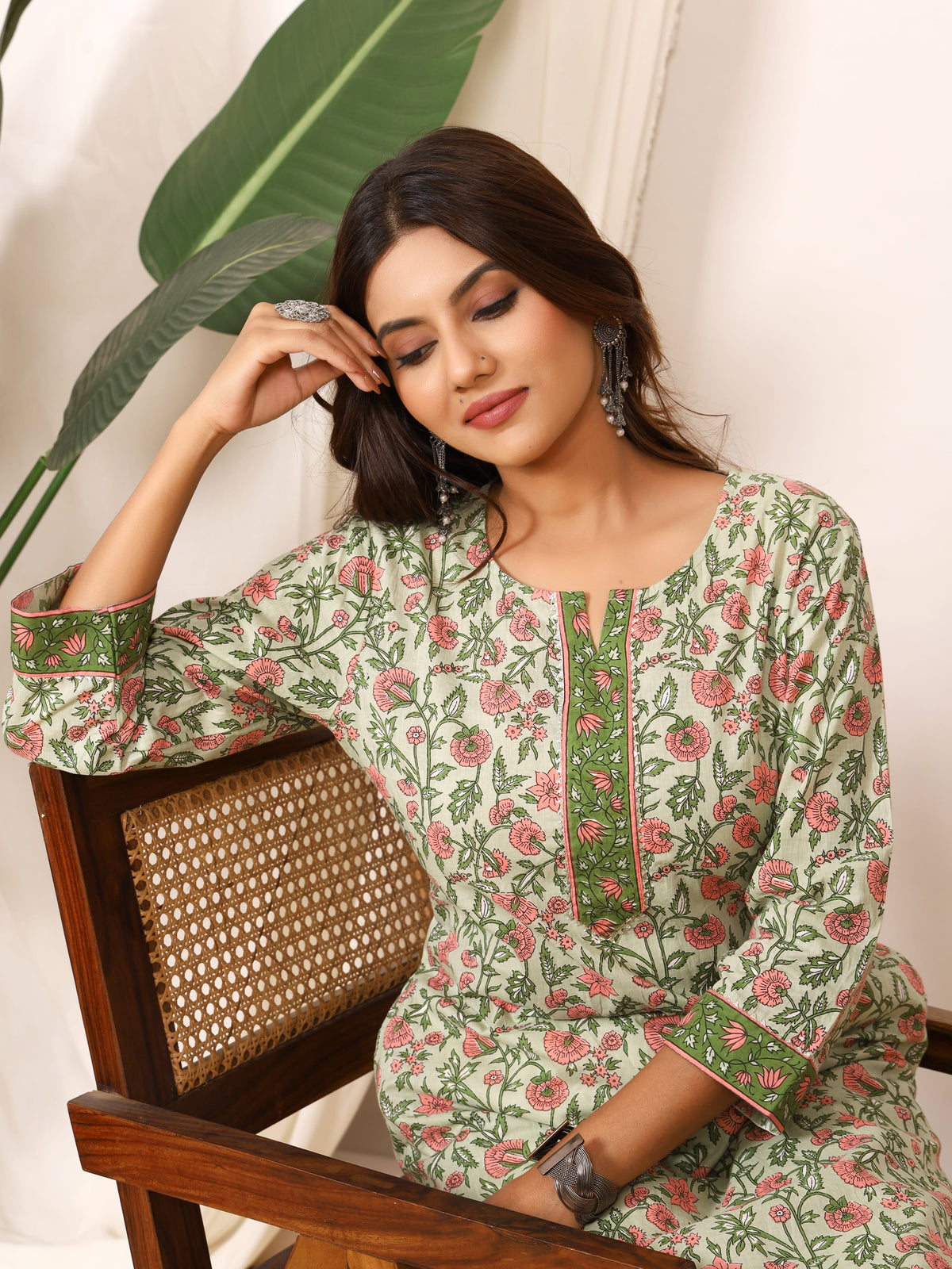 Sanganeri Sage Green Floral Pure Cotton Kurti